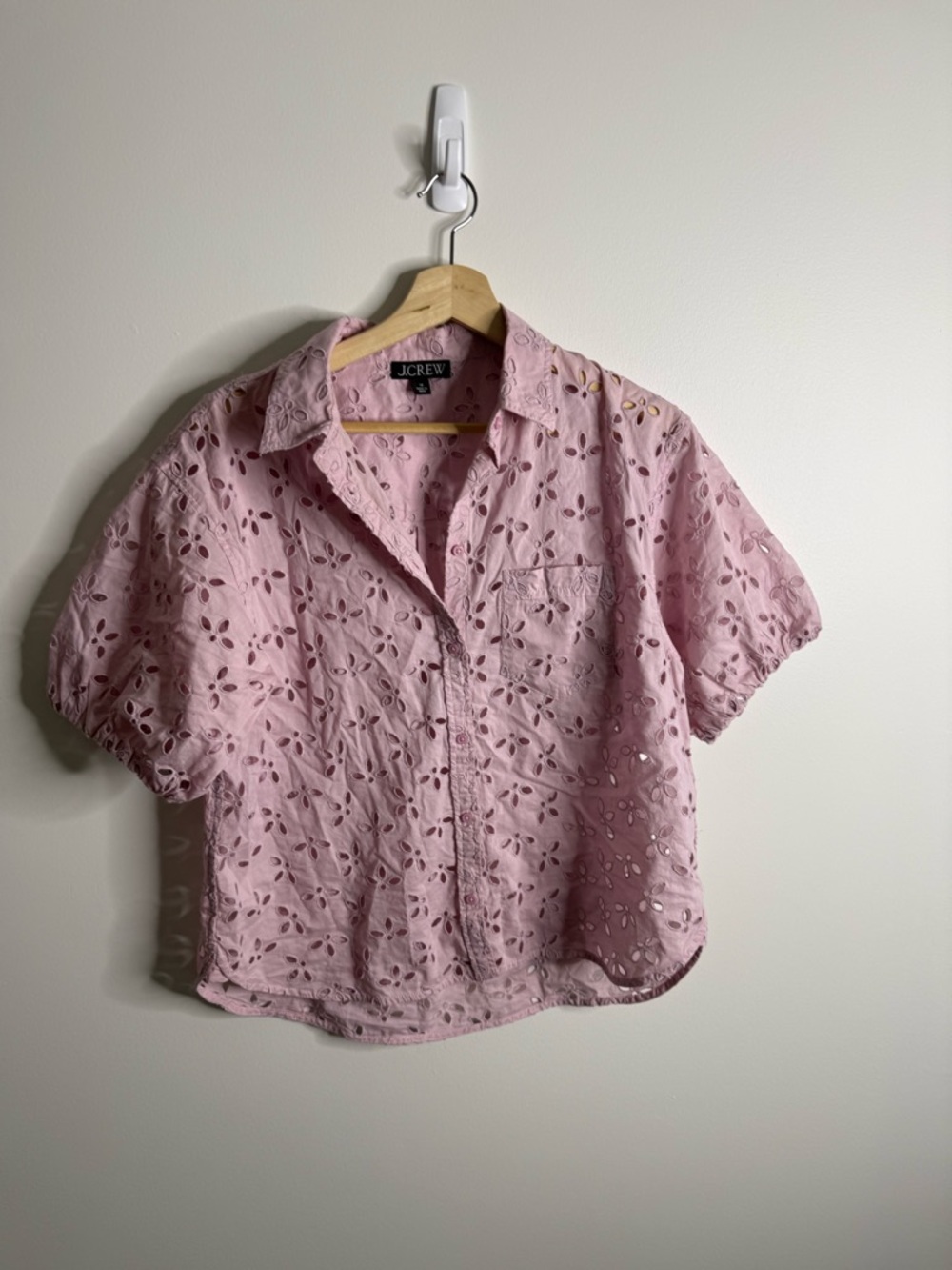 J. Crew Light Pink Eyelet Short-Sleeve Button-Down Shirt size 10